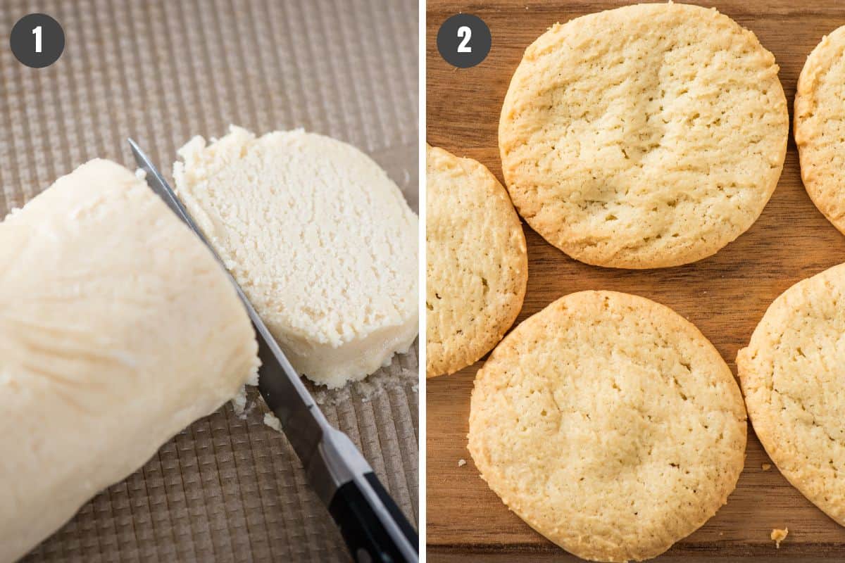 2 step collage showing how to bake sugar cookies to make mini fruit pizza
