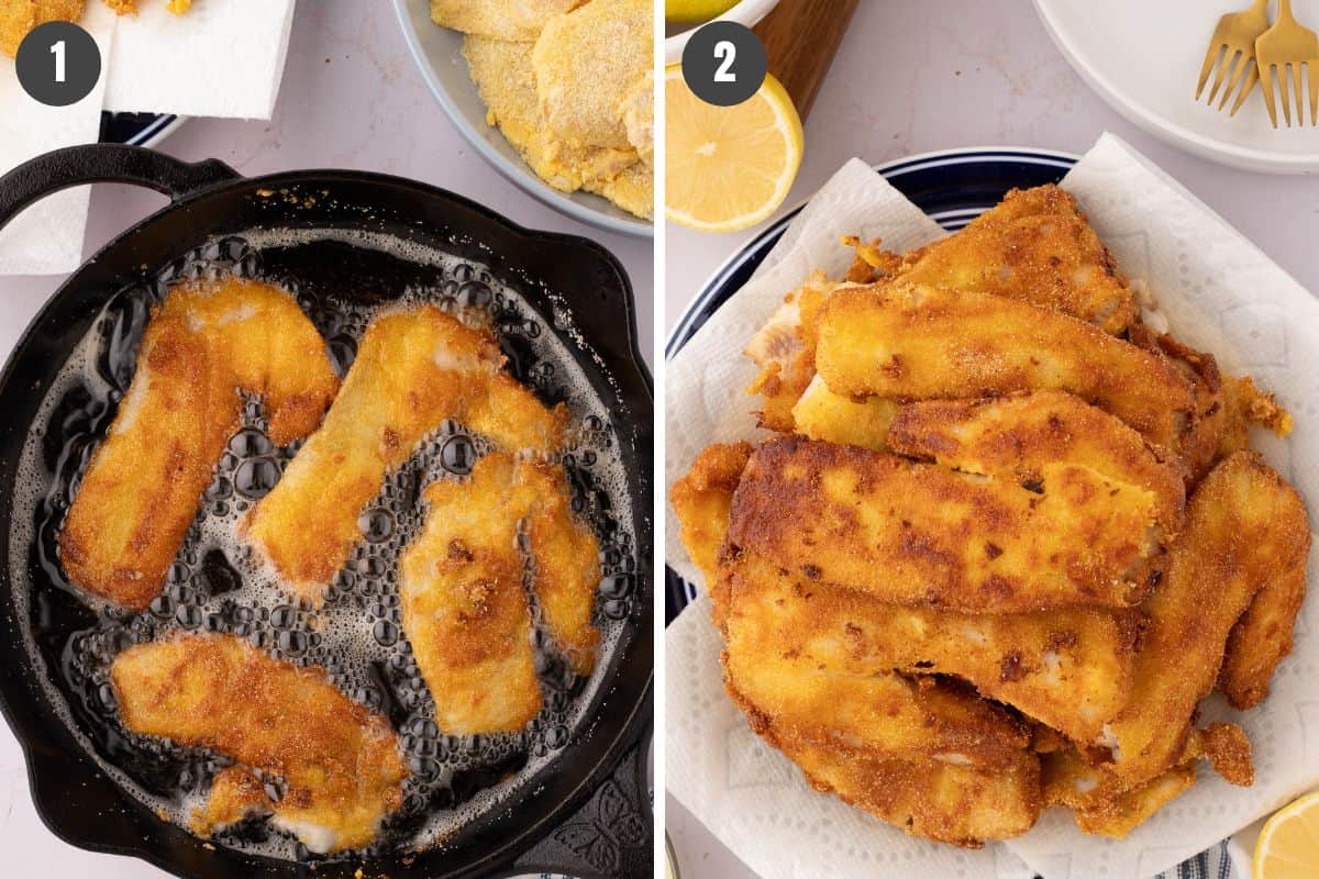 2 step photo collage showing how to make fried crappie in a large black cast iron skillet
