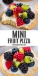 2 step collage showing, top: mini fruit pizza with a bite taken out on a marbled white countertop; bottom: fruit pizza cookie on a marbled white countertop