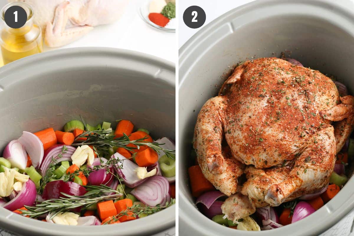 2 step collage showing how to make slow cooker whole chicken