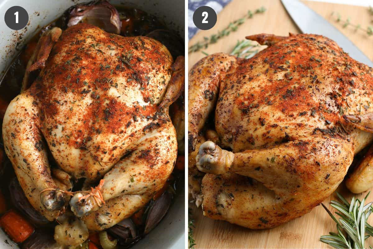 2 step collage showing how to cook whole chicken in the CrockPot