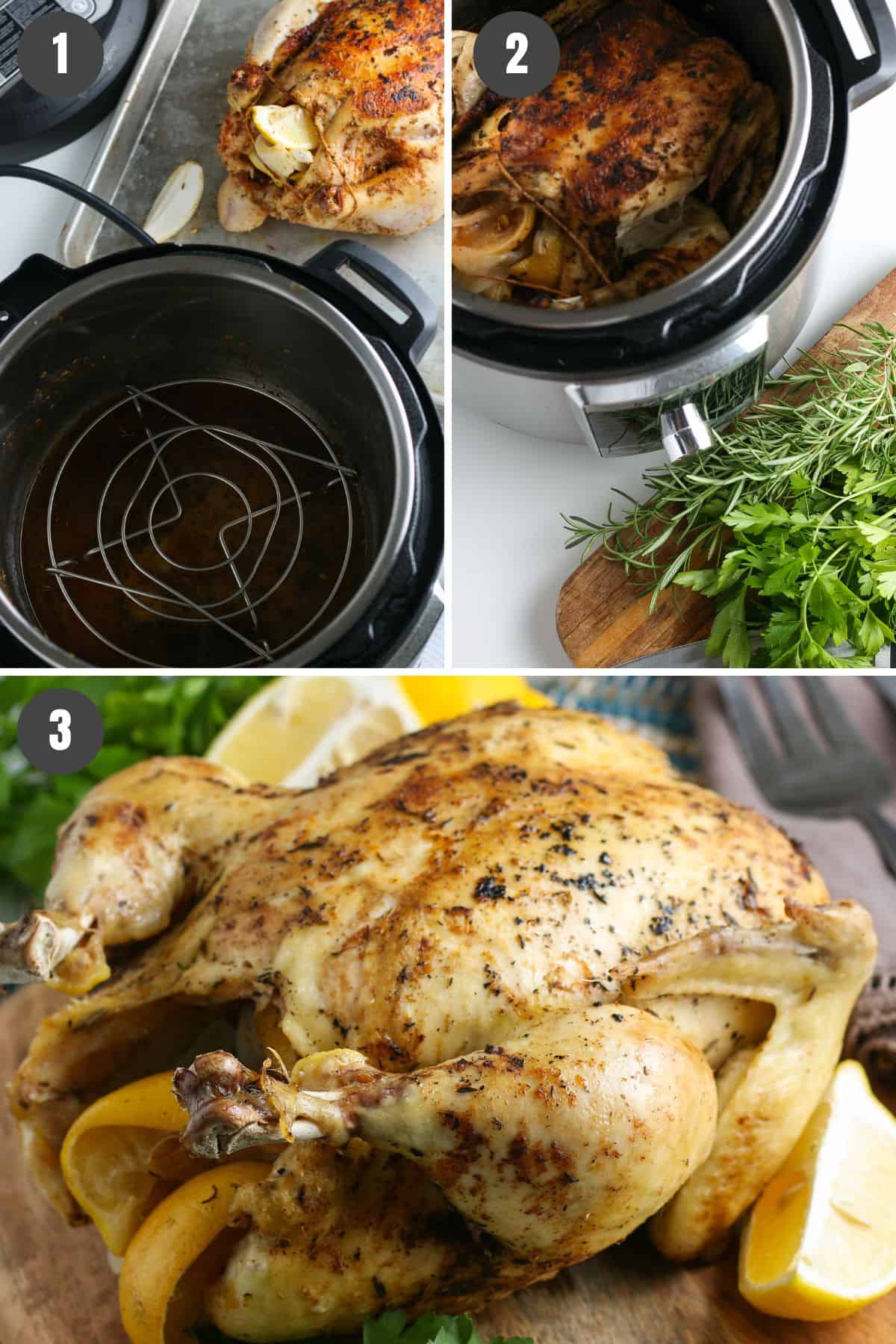 3 step photo collage showing how to cook an Instant Pot whole chicken
