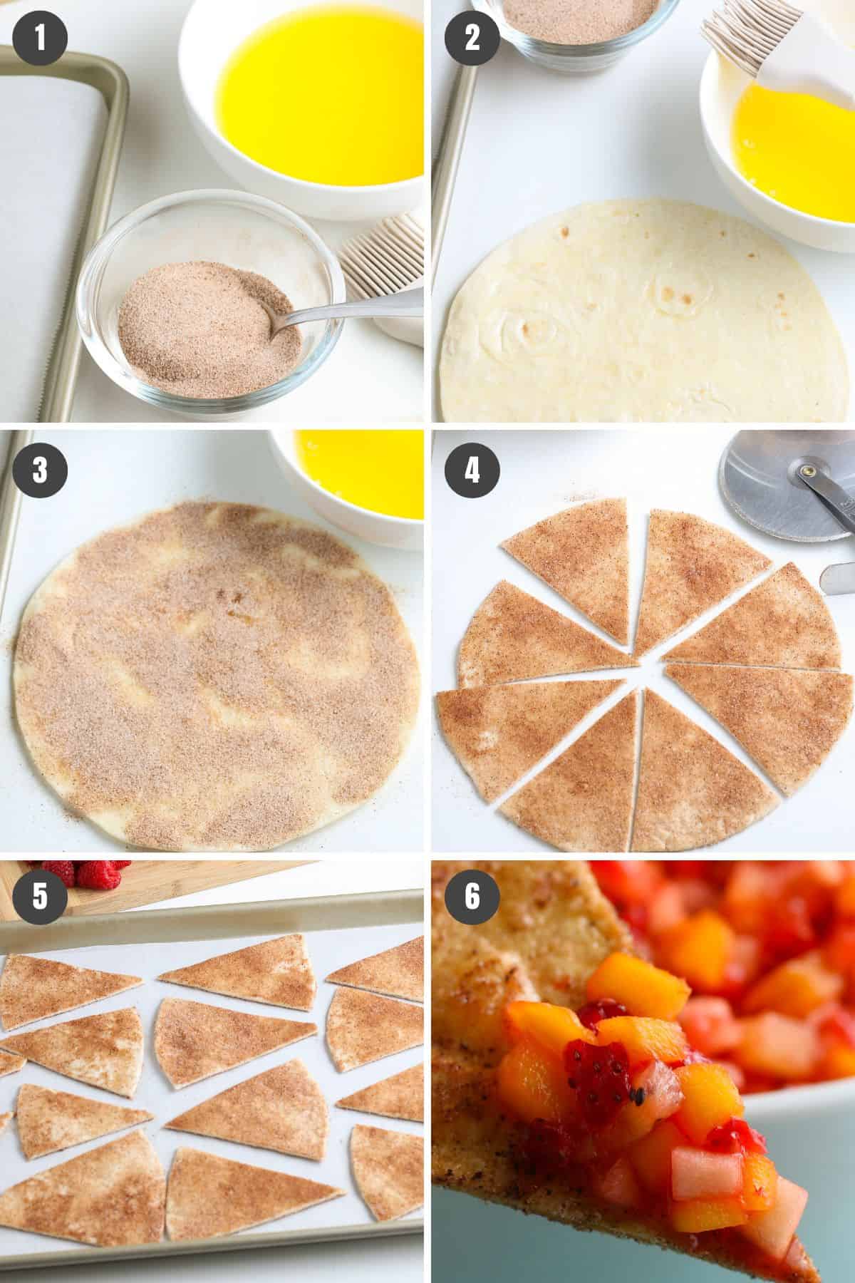 6 step photo collage showing how to make crispy cinnamon chips for fruit salsa