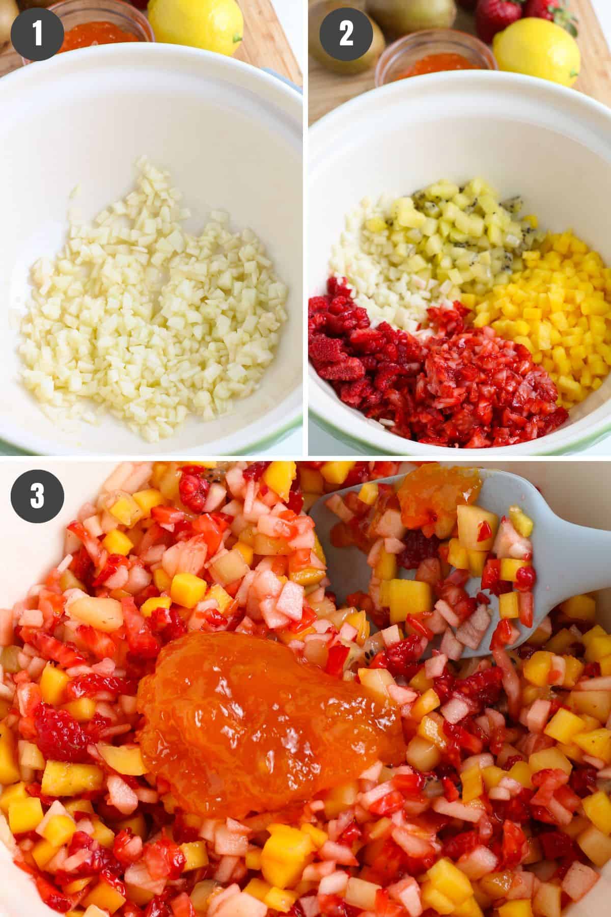3 step photo collage showing how to make salsa recipe with fruit in a large white mixing bowl