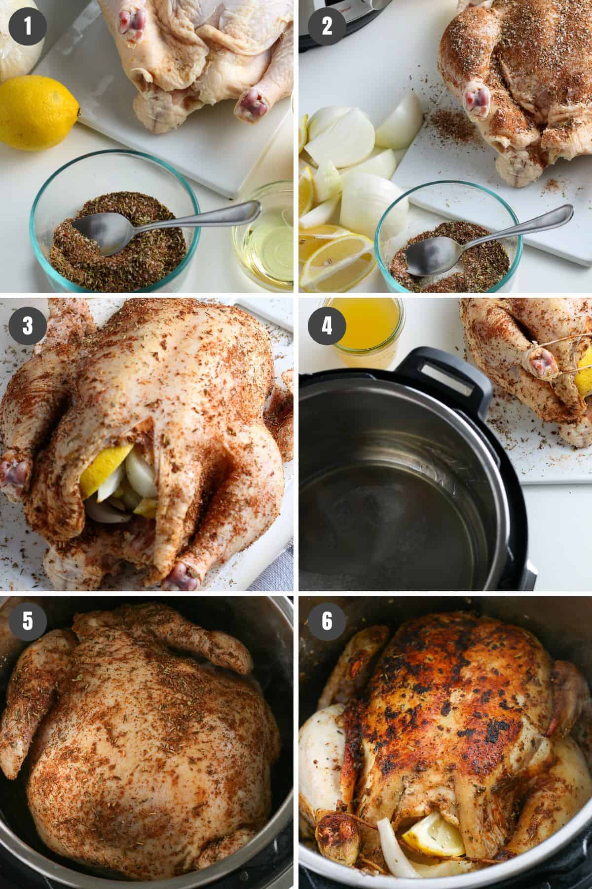 6 step photo collage showing how to make whole chicken in the Instant Pot